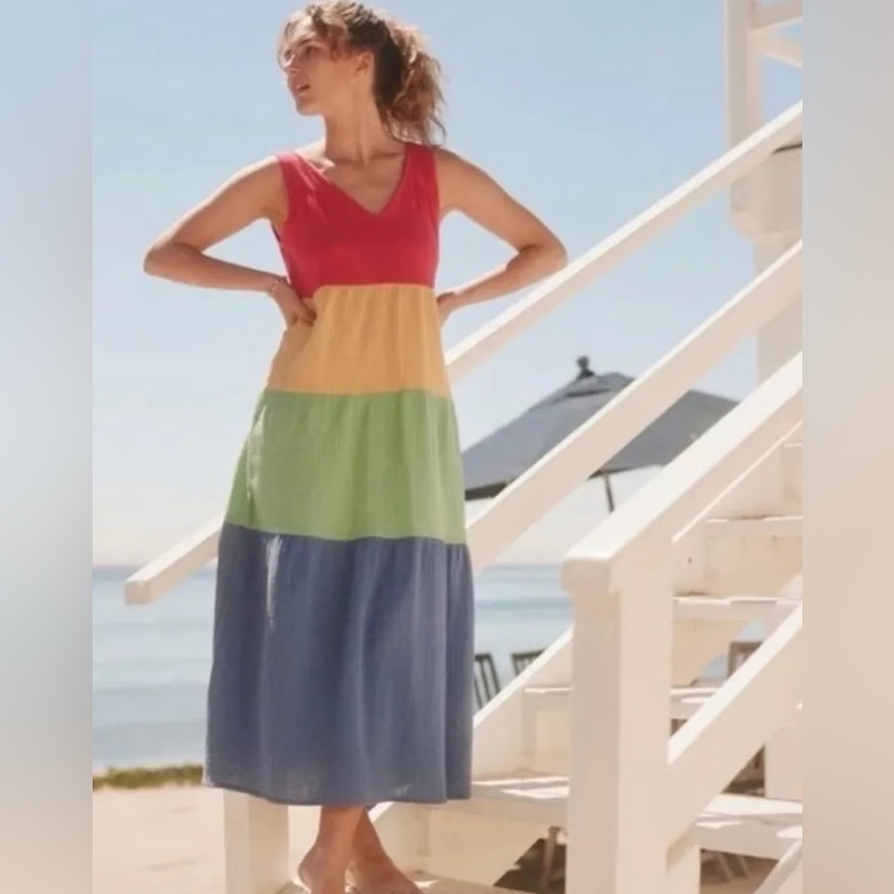 Sleeveless Colorblock V-Neck Maxi Dress - Red, Yellow, Green, Blue